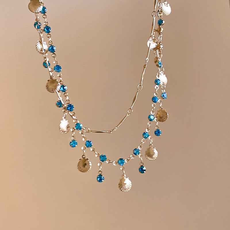 Ocean Shell Layered Necklace Blue Crystal Beach Jewelry