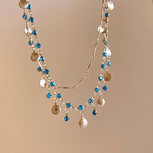 Ocean Shell Layered Necklace Blue Crystal Beach Jewelry