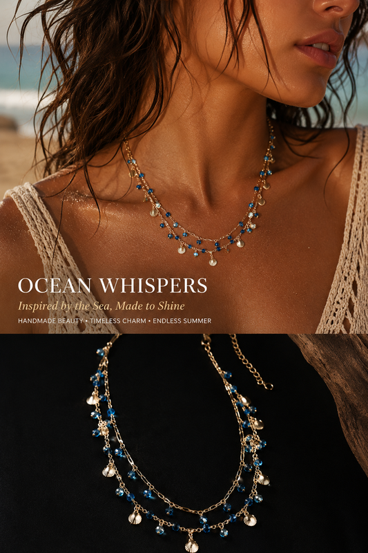 Ocean Shell Layered Necklace Blue Crystal Beach Jewelry